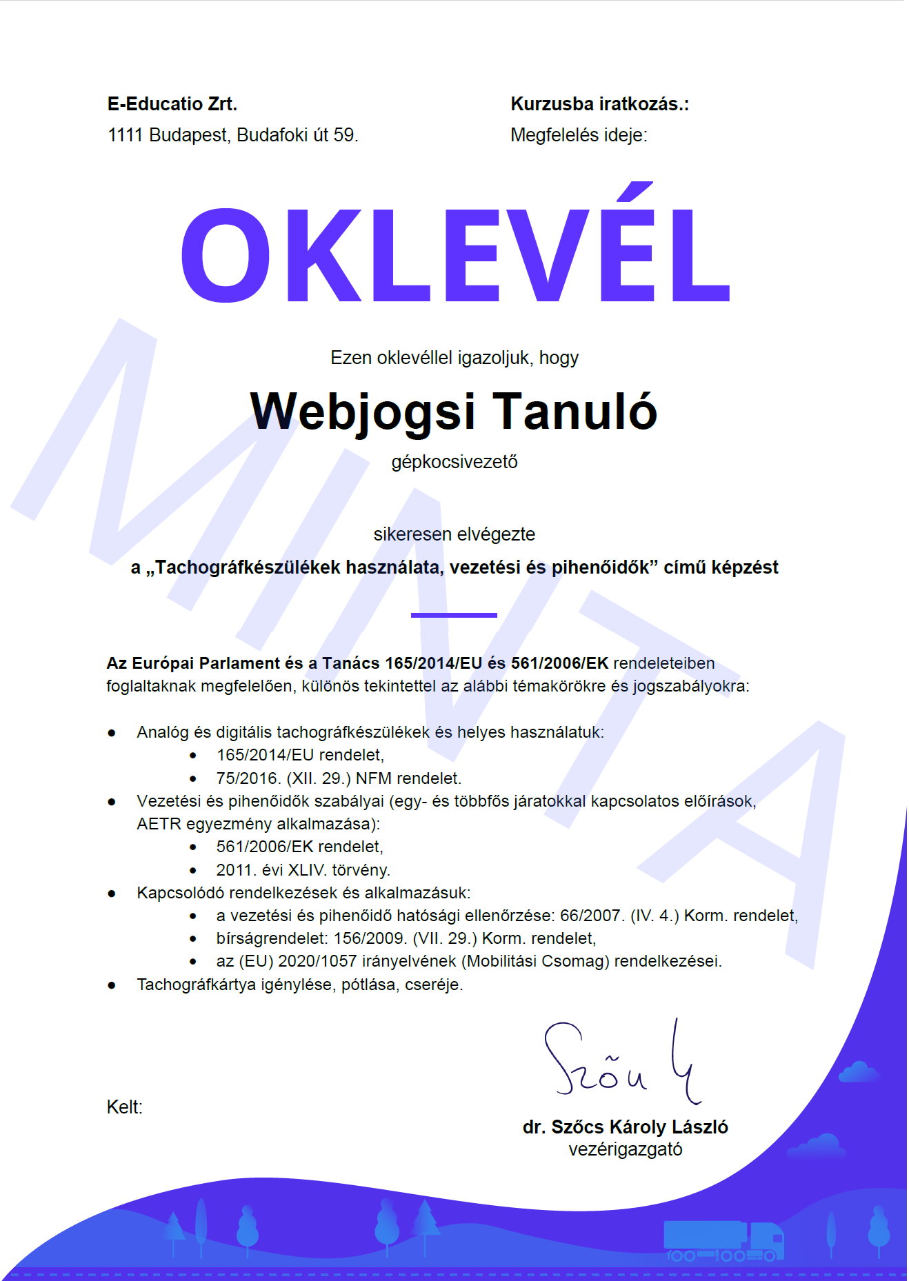 Oklevél a képzés teljesítéséről